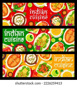 Indian cuisine restaurant food banners. Salad Bund Gobhi, Goan salmon curry and corn lentil soup, chicken curry, almond soup Badam Shorba and fish curry, tomato cucumber salad Kachumber, rice Kedgeree