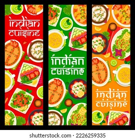 Indian cuisine restaurant meals banners. Chicken curry, vegetable salad Bund Gobhi, Goan salmon curry, corn lenti and Badam Shorba soups, fish curry, Kedgeree and tomato cucumber salad Kachumber