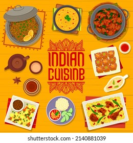 Indian cuisine restaurant meals and drinks menu cover. Masoor Dal lentil soup, chicken Biryani and gravy, pumpkin ginger cake, lamb and spinach Saag Gosht, pork and lentil curry, masala tea vector