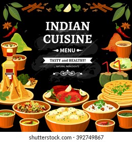 Indian cuisine restaurant menu black board poster with colorful traditional spicy flavored dishes abstract vector illustration