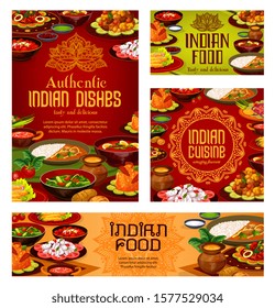 Menú de restaurante de cocina india, pancartas y carteles de platos tradicionales indios. Vector de la India auténticos desayunos y cenas gourmet de comida con verduras y arroz con curry, carne y pescado