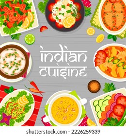 Indian cuisine restaurant menu page cover template. Fish curry, vegetable Bund Gobhi and Kachumber salads, Goan salmon curry, almond Badam Shorba and corn lentil soups, rice Kedgeree, chicken curry