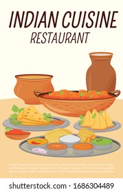 Indian cuisine restaurant poster flat vector template. Traditional hindu dishes, oriental meals cafe brochure, booklet one page concept design. Catering establishment flyer, leaflet