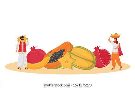Indian cuisine, served tropical fruits flat concept vector illustration. Indian servants, people carrying bananas 2D cartoon character for web design. Exotic greens serving creative idea