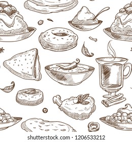 indische Küche Skizze Muster Hintergrund. Vectornahtloses Design