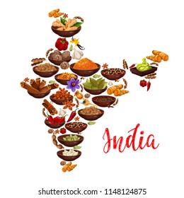 Indian cuisine spices in India map Vector design of curry, ginger and anise with masala seasonings of chili pepper and turmeric curcuma, saffron or vanilla and nutmeg