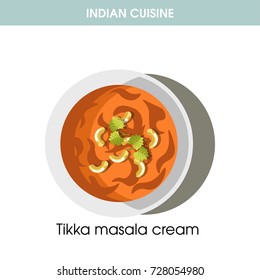 Indian cuisine Tikka masala cream traditional dish food vector icon restaurant menu