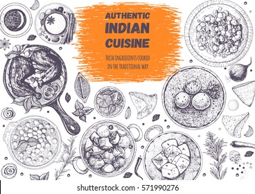 Indian Cuisine Top View Frame. Indian Food Menu Design. Vintage Hand Drawn Sketch Vector Illustration