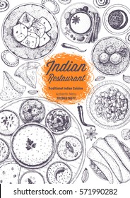 Indian cuisine top view frame. Indian food menu design. Vintage hand drawn sketch vector illustration