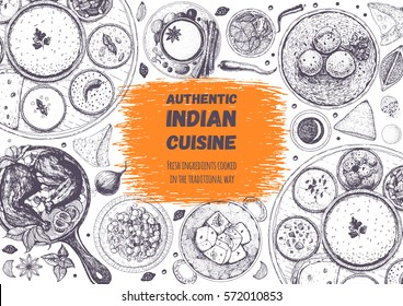 Indian Cuisine Top View Frame. Indian Food Menu Design. Vintage Hand Drawn Sketch Vector Illustration