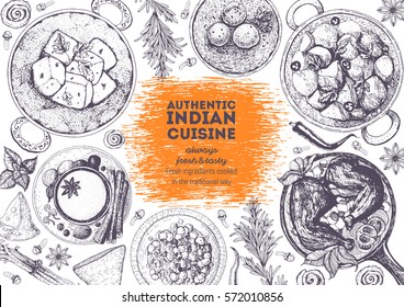 Indian cuisine top view frame. Indian food menu design. Vintage hand drawn sketch vector illustration