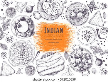 Indian cuisine top view frame. Indian food menu design. Vintage hand drawn sketch vector illustration