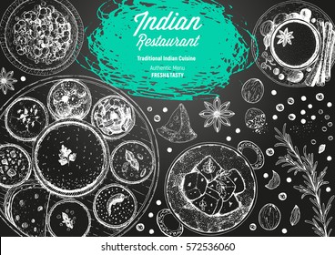 Indian cuisine top view frame. Indian food menu design. Vintage hand drawn sketch vector illustration.