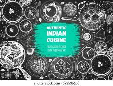 Indian Cuisine Top View Frame. Indian Food Menu Design. Vintage Hand Drawn Sketch Vector Illustration.