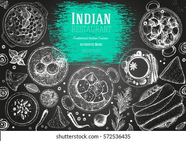 Indian cuisine top view frame. Indian food menu design. Vintage hand drawn sketch vector illustration.