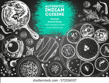 Indian Cuisine Top View Frame. Indian Food Menu Design. Vintage Hand Drawn Sketch Vector Illustration.