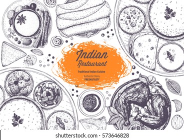 Indian Cuisine Top View Frame. Indian Food Menu Design. Vintage Hand Drawn Sketch Vector Illustration