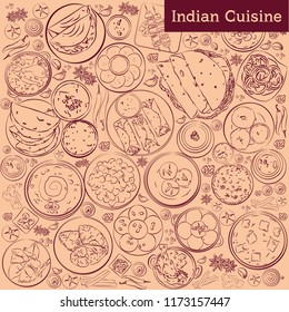 indian cuisine vector background. food top view illustration or  sketch banner