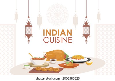 Indian cuisine vector flat poster design with space for text. Fresh and tasty Indian dishes, chicken stew, stuffed chicken, curry with rice, vegetables. Traditional Indian restaurant banner template.