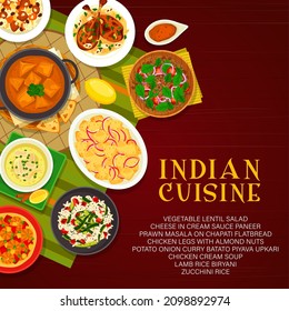 Indian cuisine vector menu cover chicken cream soup, lamb rice biryani and cheese in cream sauce paneer. Zucchini rice, potato onion curry batato piyava upkari and prawn masala on chapati flatbread