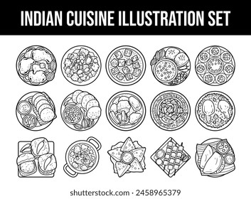 Indian cuisine vector outline illustration set