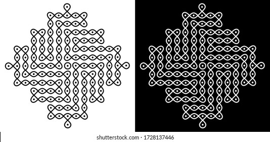 Indian Cultural art of Rangoli with circles and curved lines is isolated on black and white background - vector illustration pattern