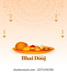 indian cultural  bhai dooj occasion  background with puja thali design vector. Translation: Bhai dooj, it is a festival where bhai means brother and dooj means second day after new moon