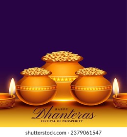 indian cultural happy dhanteras religious background with oil lamp and coin pot vector. Translation: Happy Dhanteras, dhan means wealth teras means thirteen