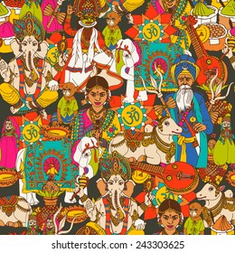 Indian cultural holy animals masks  traditional clothes and music instruments  seamless  wrap paper design abstract vector illustration