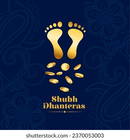 indian cultural shubh dhanteras wishes card with golden goddess charan and coin vector. Translation: Happy Dhanteras, dhan means wealth teras means thirteen