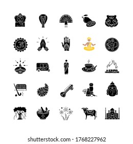 Indian culture black glyph icons set on white space. National animals. Traditional ceremonies. Religious symbols. Asian cuisine. Ethnic heritage. Silhouette symbols. Vector isolated illustration