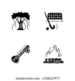 Indian culture black glyph icons set on white space. Religious ritual. Hindu funeral. Cremation. Banyan tree. Sitar musical instrument. Field hockey. Silhouette symbols. Vector isolated illustration