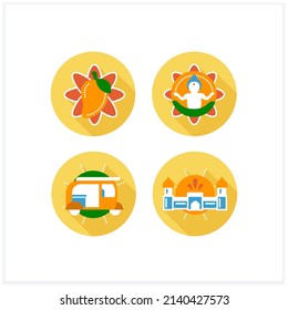 Indian culture flat icons set. Mango fruit, auto-rickshaw, Agra fort, yoga master. Country concept. Color vector illustrations