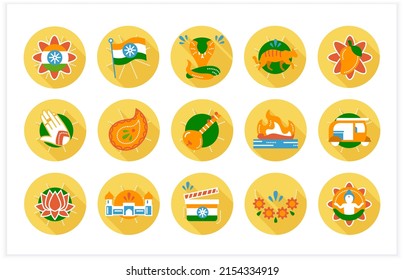 Indian culture flat icons set. National traditions and customs, festivals, religious symbols, ceremonies, cultural heritage, monuments and more. Color vector illustrations