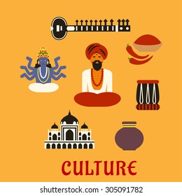 Indian culture flat icons and symbols with sitar, fresh chili pepper and chili powder, tabla drum, vase, ancient temple, God Vishnu, bearded man in red turban and bead necklace in lotus pose