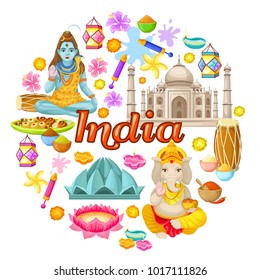 Indian culture icons round concept with traditional elements flowers Gods sights spices drums isolated vector illustration