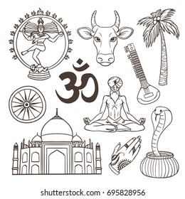 Indian culture illustrations set. Hand drawn symbols. Eps10 vector.