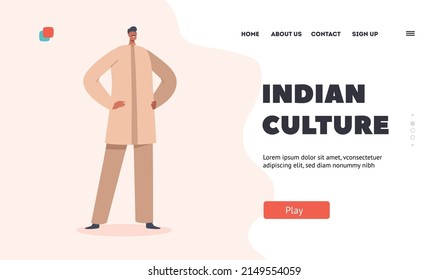 Indian Culture Landing Page Template. Male Character Wear Traditional Clothes Long Kurta Shirt and Pants. Culture Tradition of India. Young Man Stand Full Height. Cartoon People Vector Illustration