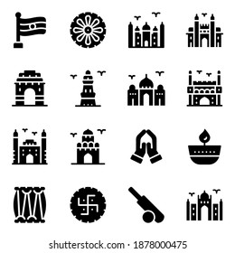 
Indian Culture and Landmarks Solid Icons Set 
