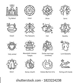 Indian culture line icons set. National traditions and customs, festivals, religious symbols and idols, cultural monuments and more. Isolated vector illustrations. Editable stroke 