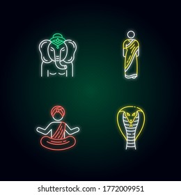 Indian culture neon light icons set. Lord Ganesha. Religious symbol. Sari dress. Hindu clothing. Yogi in turban. King cobra. Signs with outer glowing effect. Vector isolated RGB color illustrations
