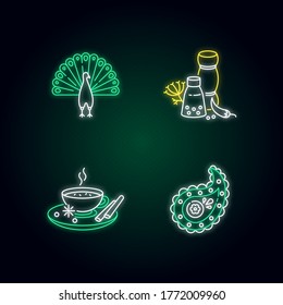 Indian culture neon light icons set. Peacock. Traditional cuisine. Masala chai. Paisley pattern. Spices and herbs. Signs with outer glowing effect. Vector isolated RGB color illustrations