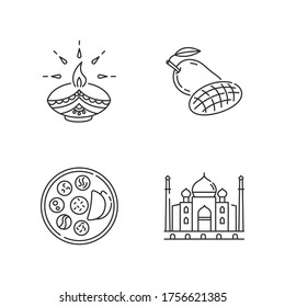 Indian culture pixel perfect linear icons set. Diya lamp. Diwali festival. Mango fruit. Thali. Taj Mahal. Customizable thin line contour symbols. Isolated vector outline illustrations. Editable stroke