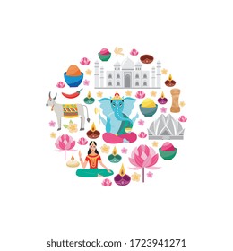 Indian culture poster with traditional Diwali elements in circle formation - cartoon Hinduism religion symbols, gods and buildings. Cartoon isolated vector illustration.