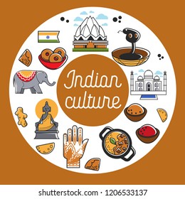 Indian culture promo poster with national symbols set. Religious attributes, architectural constructions