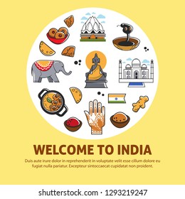 Indian culture promo poster with national symbols set. Religious attributes, architectural constructions, spicy cuisine and exotic animals in big circle commercial banner cartoon vector illustration.