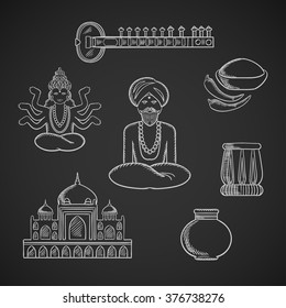 Indian culture and religion icons with Taj Mahal and sitar, fresh chili pepper and chili powder, tabla drum and vase, God Vishnu, bearded man in turban and necklace in lotus pose