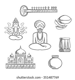 Indian culture and religion sketch icons