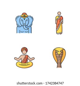 Indian culture RGB color icons set. Lord Ganesha. Religious symbol. Sari dress. Traditional Hindu clothing. Yogi in turban. King cobra. Venomous snake. Isolated vector illustrations