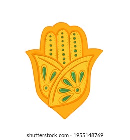 Indian culture symbol Hamsa hand religion and belief vector amulet .religion or mantra evil eye protection gold palm with ornament. travel to India culture and spirituality mascot or talisman charm. 